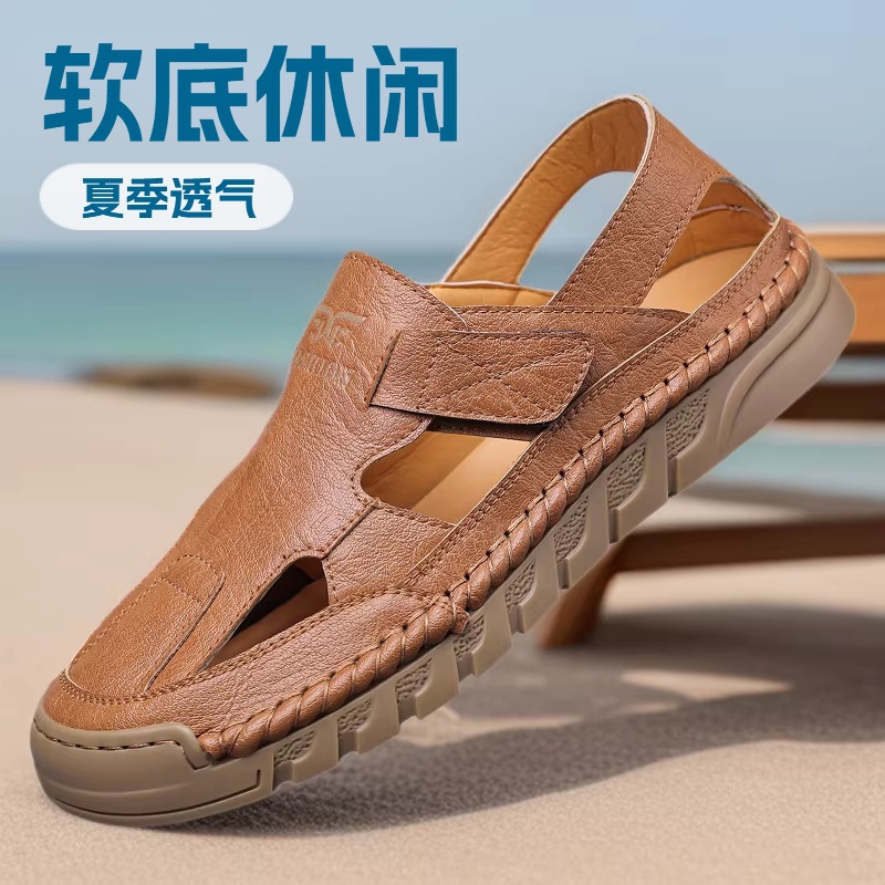 Men Shoes Velcro - Sandalias de cuero transpirables con orificios